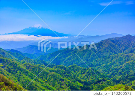 初夏の丹沢塔ノ岳山頂広場から青空のもと冠雪残る雄大な富士山と連なる丹沢の山並みを広角で捉えた風景 初夏の丹沢塔ノ岳山頂広場から青空のもと冠雪残る雄大な富士山と連なる丹沢の山並みを広角で捉えた風景 143200572
