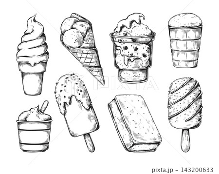 Ice cream sketch style set. Sundae cup, hand drawn dessert in bowl or glass food, waffle scoop. Served chocolate. Summer milk flavor, fruit frozen gelatos. Vector isolated illustration 143200633