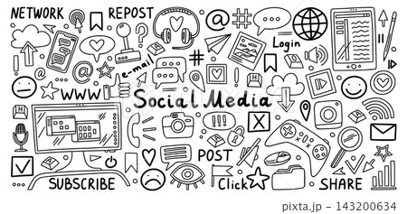 Social media doodle. Digital hand drawn socialmedia sketch, www internet global phone technology. Subscribe, click and share symbols. Computer and smartphone. Vector web icons set 143200634