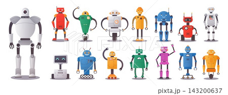 Cartoon robot characters set. Colorful mechanical humanoid figures in different shapes and poses, robotics automation and futuristic technology concept. Vector isolated illustration Cartoon robot characters set. Colorful mechanical humanoid figures in different shapes and poses, robotics automation and futuristic technology concept. Vector isolated illustration 143200637