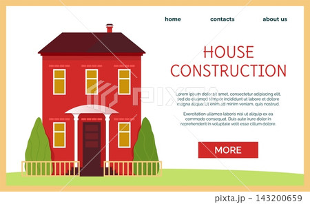 House construction webpage mockup. Landing page with cute home, real estate and building service website interface design. Banner with copy space for text. Vector cartoon flat illustration 143200659