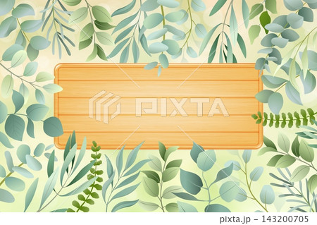 Wooden blank signboard. Botanical frame with green leaves, empty wood panel, natural watercolor decoration, seasonal greeting design and eco background with copy space. Vector illustration Wooden blank signboard. Botanical frame with green leaves, empty wood panel, natural watercolor decoration, seasonal greeting design and eco background with copy space. Vector illustration 143200705