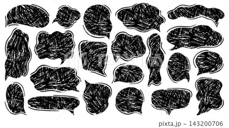 Speech bubbles. Chalk doodle crayon texture, grunge hand drawn comic sketch or pastel chat talk shape. Dialog windows for discussion. Vector isolated black silhouettes illustration Speech bubbles. Chalk doodle crayon texture, grunge hand drawn comic sketch or pastel chat talk shape. Dialog windows for discussion. Vector isolated black silhouettes illustration 143200706