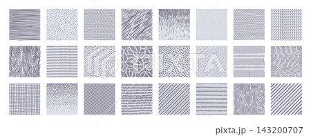 Texture sketch. Dot pen pattern, brush ink geometric background or linear stripe effect. Abstract rough paint shapes, square doodle samples. Decorative ornament. Vector isolated scribble set 143200707