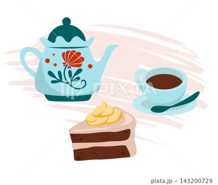Tea set with dessert. Composition cozy floral decorated teapot, cup on saucer with hot drink and spoon, chocolate cake. Ceramic utensil. Sweet food and drink. Vector illustration Tea set with dessert. Composition cozy floral decorated teapot, cup on saucer with hot drink and spoon, chocolate cake. Ceramic utensil. Sweet food and drink. Vector illustration 143200729