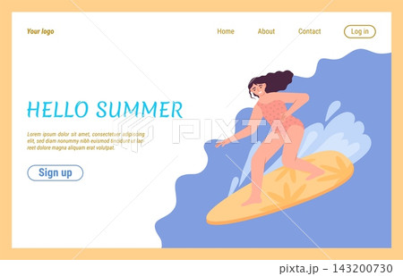 Surfer rides wave. Landing page design, summer marine extreme sport. Tourism and vacation on beach resort. Woman surfing in swimsuit. Horizontal banner. Vector cartoon illustration Surfer rides wave. Landing page design, summer marine extreme sport. Tourism and vacation on beach resort. Woman surfing in swimsuit. Horizontal banner. Vector cartoon illustration 143200730