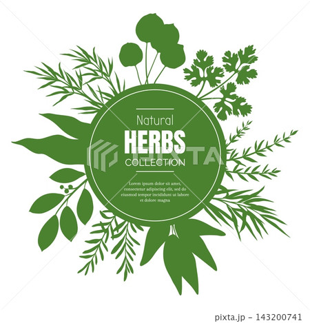 Green herbal emblem. Round badge with herb leaf silhouettes, natural plant for design packaging or card. Botanical cooking aromatic ingredient. Frame template. Minimal vector illustration Green herbal emblem. Round badge with herb leaf silhouettes, natural plant for design packaging or card. Botanical cooking aromatic ingredient. Frame template. Minimal vector illustration 143200741
