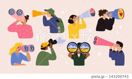 Search characters. Look in telescope, hire and find, eye discovery vision. Observe future job, man explore using binoculars, forecasting and planning future. Vector cartoon isolated concept Search characters. Look in telescope, hire and find, eye discovery vision. Observe future job, man explore using binoculars, forecasting and planning future. Vector cartoon isolated concept 143200743
