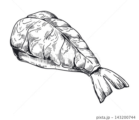 Shrimp nigiri sketch style. Detailed monochrome hand drawn asian food. Sushi piece with rice and sea product, Japanese traditional cuisine restaurant menu, vector isolated illustration Shrimp nigiri sketch style. Detailed monochrome hand drawn asian food. Sushi piece with rice and sea product, Japanese traditional cuisine restaurant menu, vector isolated illustration 143200744