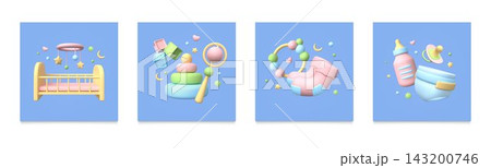 3d baby toys. Pacifier milk bottle, kid child cute product or infant cute objects. Newborn cradle, happy birth joy game. Nursery equipment. Vector composition with cartoon render elements 143200746