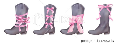 Pink cowboy boots. Watercolor western coquette aesthetic, cute vintage fashion footwear, retro decorative chic. Fashion pink ribbon bows. Render girl elements side view. Vector wild west set Pink cowboy boots. Watercolor western coquette aesthetic, cute vintage fashion footwear, retro decorative chic. Fashion pink ribbon bows. Render girl elements side view. Vector wild west set 143200813