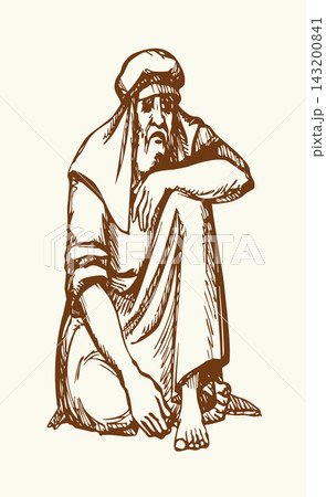 Vector drawing. Ancient man sitting on the ground 143200841