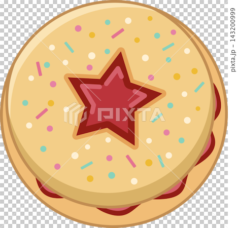 Illustration of a round sandwich cookie with two golden-brown biscuit layers sandwiching a red fruit jam filling, decorated with a center star-shaped cutout and colorful sprinkles. Illustration of a round sandwich cookie with two golden-brown biscuit layers sandwiching a red fruit jam filling, decorated with a center star-shaped cutout and colorful sprinkles. 143200999