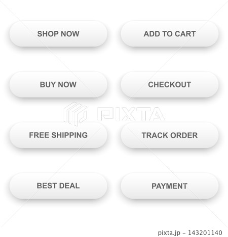 Ecommerce button set with shop, cart, buy, checkout, shipping, tracking, deal, and payment labels in white rounded shapes with soft shadows and minimalist interface style. Ecommerce button set with shop, cart, buy, checkout, shipping, tracking, deal, and payment labels in white rounded shapes with soft shadows and minimalist interface style. 143201140