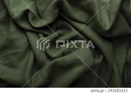 Crumpled Olive Green Linen Fabric Background Crumpled Olive Green Linen Fabric Background 143201421