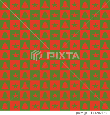 Retro Christmas checkerboard pattern with trees and stars 143202169