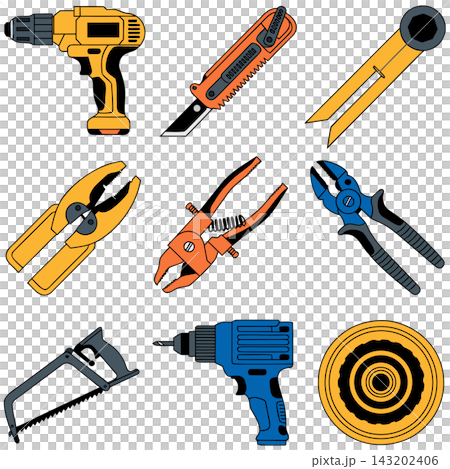 The image shows a set of nine cartoon construction and repair tools, including drills, pliers, saws, a utility knife, and a measuring tape The image shows a set of nine cartoon construction and repair tools, including drills, pliers, saws, a utility knife, and a measuring tape 143202406