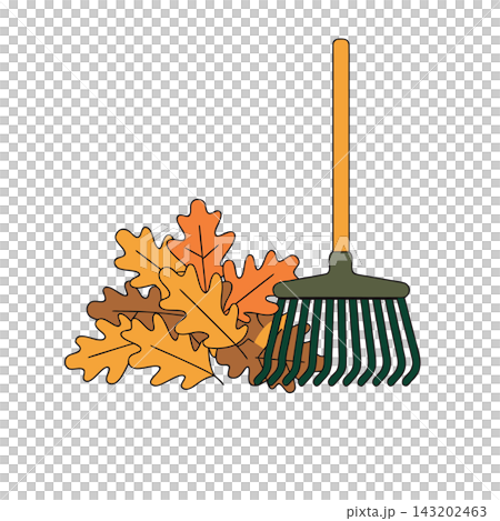 This is a flat-design cartoon illustration of a garden rake next to a pile of orange and brown autumn leaves This is a flat-design cartoon illustration of a garden rake next to a pile of orange and brown autumn leaves 143202463