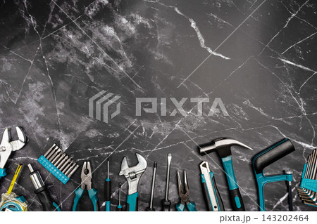 Set of tools on black marble background, Set of tools on black marble background, 143202464