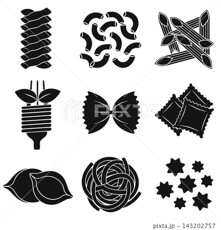 The image displays a graphic icon set featuring nine popular varieties of Italian pasta The image displays a graphic icon set featuring nine popular varieties of Italian pasta 143202757