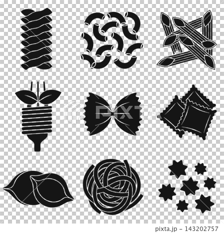 The image displays a graphic icon set featuring nine popular varieties of Italian pasta The image displays a graphic icon set featuring nine popular varieties of Italian pasta 143202757