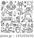 Collection of yoga, relax, meditation doodles illustrating poses and symbols for wellness enthusiasts 143203030