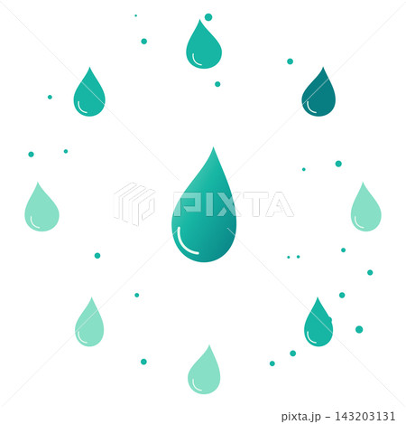 Circular arrangement of teal water drops and dots representing liquid splash effect Circular arrangement of teal water drops and dots representing liquid splash effect 143203131
