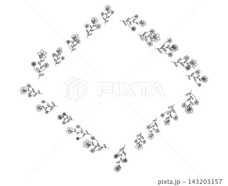 Diamond shaped frame with elegant floral branches and small blossoms, decorative border design Diamond shaped frame with elegant floral branches and small blossoms, decorative border design 143203157