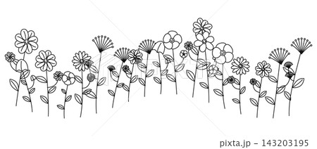 Hand drawn meadow flowers illustration simple black and white line art for background Hand drawn meadow flowers illustration simple black and white line art for background 143203195
