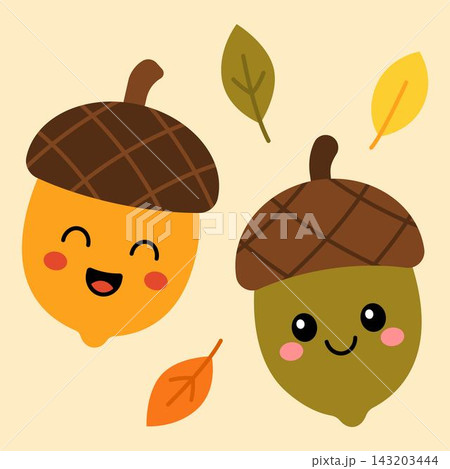 Two kawaii acorns with smiling faces, surrounded by colorful autumn leaves. The background is a soft beige, enhancing the cute fall theme. 143203444