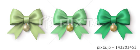 Three green ribbon bows with golden Christmas baubles in light, medium, and dark shades on a white background. Three green ribbon bows with golden Christmas baubles in light, medium, and dark shades on a white background. 143203453