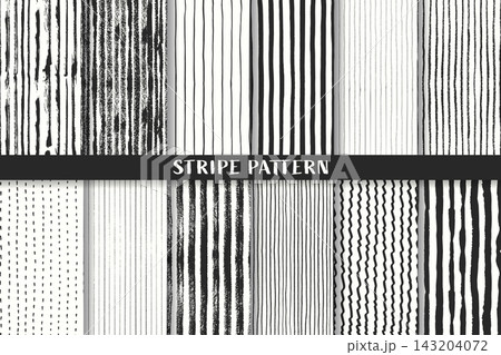 手描き風のストライプパターンセット／モノクロの縞模様 143204072