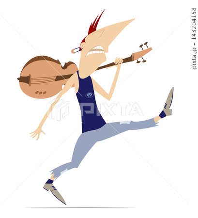 Cartoon walking guitar player. Funny guitarist walking with a guitar on a shoulder 143204158