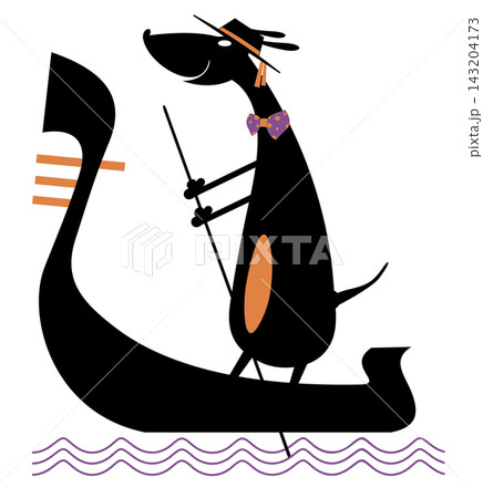 Funny gondolier dog rides on gondola. Cartoon dog rides on gondola. Isolated on white background Funny gondolier dog rides on gondola. Cartoon dog rides on gondola. Isolated on white background 143204173