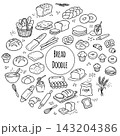 French bakery bread doodles, hand drawn croissant and baguette, artisanal pastry shop sketches 143204386