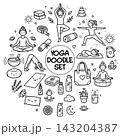 Collection of yoga, relax, meditation doodles illustrating poses and symbols for wellness enthusiasts 143204387