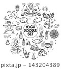 Collection of yoga, relax, meditation doodles illustrating poses and symbols for wellness enthusiasts 143204389