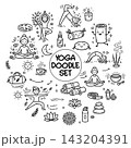 Collection of yoga, relax, meditation doodles illustrating poses and symbols for wellness enthusiasts 143204391