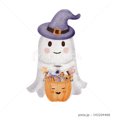 Cute Halloween Ghost With Witch Hat and Pumpkin Candy Bucket Watercolor Illustration Cute Halloween Ghost With Witch Hat and Pumpkin Candy Bucket Watercolor Illustration 143204466