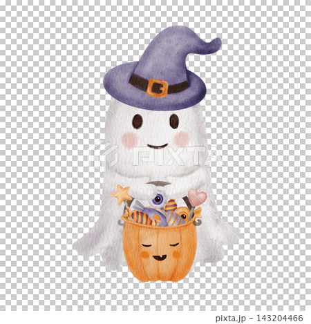 Cute Halloween Ghost With Witch Hat and Pumpkin Candy Bucket Watercolor Illustration Cute Halloween Ghost With Witch Hat and Pumpkin Candy Bucket Watercolor Illustration 143204466