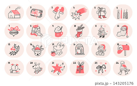 Whimsical Christmas advent calendar. Hand drawn vintage icons set including Santa Claus, Christmas Whimsical Christmas advent calendar. Hand drawn vintage icons set including Santa Claus, Christmas 143205176