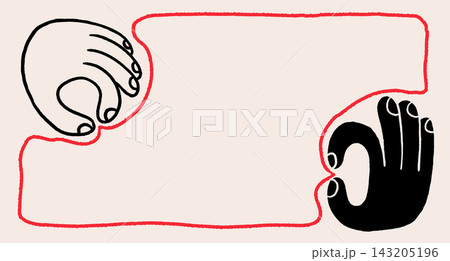 Minimalist doodle of two hands with red thread frame. Human connection, support and community Minimalist doodle of two hands with red thread frame. Human connection, support and community 143205196