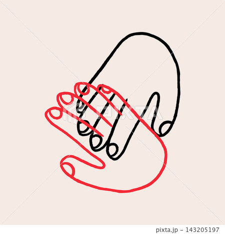 Minimalist doodle of two overlapping hands. Human connection, support and community whimsical hand Minimalist doodle of two overlapping hands. Human connection, support and community whimsical hand 143205197