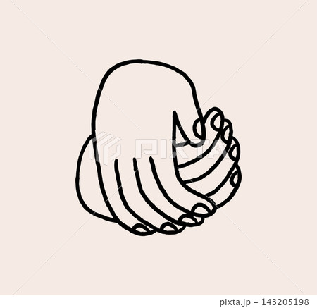 Minimalist doodle of two hands clasped together. Human connection, support and community whimsical Minimalist doodle of two hands clasped together. Human connection, support and community whimsical 143205198