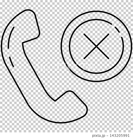 Line art style icon illustration of a telephone handset with decline cross mark isolated on transparent background. Minimalist thin line design element clip art for end call UI. Line art style icon illustration of a telephone handset with decline cross mark isolated on transparent background. Minimalist thin line design element clip art for end call UI. 143205991