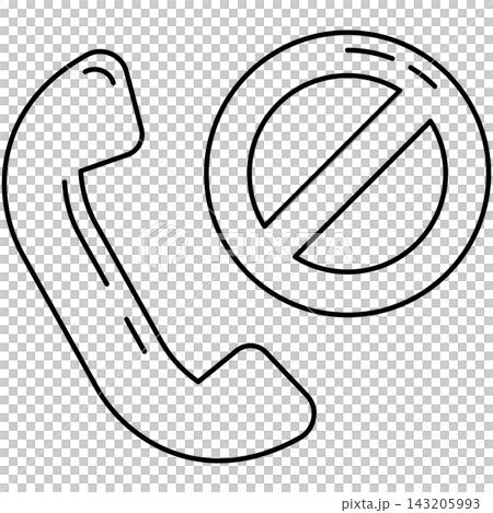 Line art style icon illustration of a telephone handset with block prohibition sign isolated on transparent background. Minimalist thin line design element clip art for block call. Line art style icon illustration of a telephone handset with block prohibition sign isolated on transparent background. Minimalist thin line design element clip art for block call. 143205993