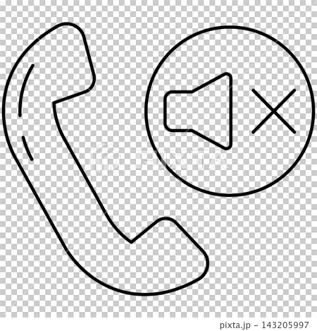 Line art style icon illustration of a telephone handset with mute speaker symbol isolated on transparent background. Minimalist thin line design element clip art for silent call. Line art style icon illustration of a telephone handset with mute speaker symbol isolated on transparent background. Minimalist thin line design element clip art for silent call. 143205997