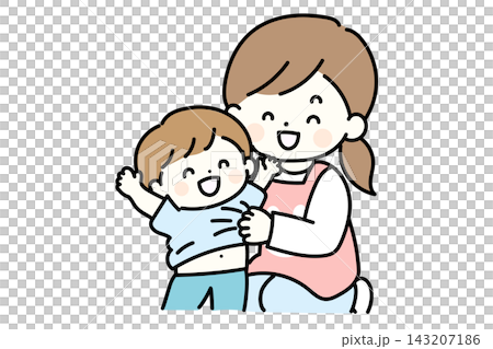 Illustration of a nursery school teacher smilingly helping children get dressed | Nursery school/kindergarten scene showing support for children getting ready Illustration of a nursery school teacher smilingly helping children get dressed | Nursery school/kindergarten scene showing support for children getting ready 143207186