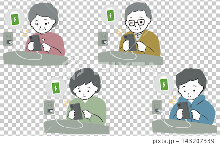 コンセントからスマホを充電する人物セット 143207339
