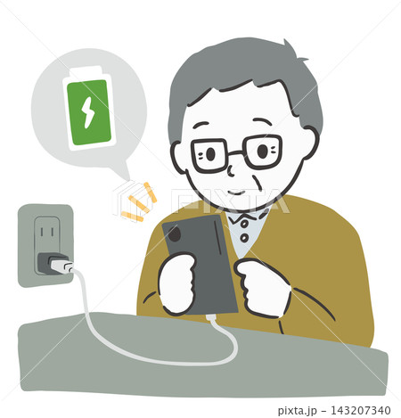 コンセントからスマホを充電するシニア男性のイラスト 143207340